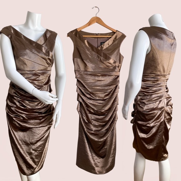JAX Brown Gold Shimmer Ruched Draped Formal Retro Vtg Dress Y2K Metallic Satin 8 - Picture 1 of 11